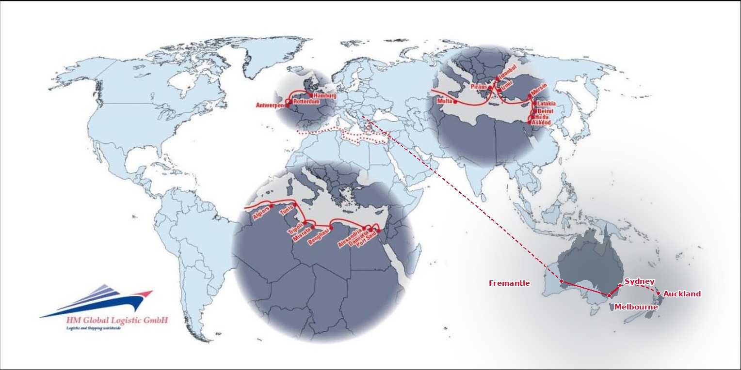 Karte Seeweg Europa - Australien/Ozeanien