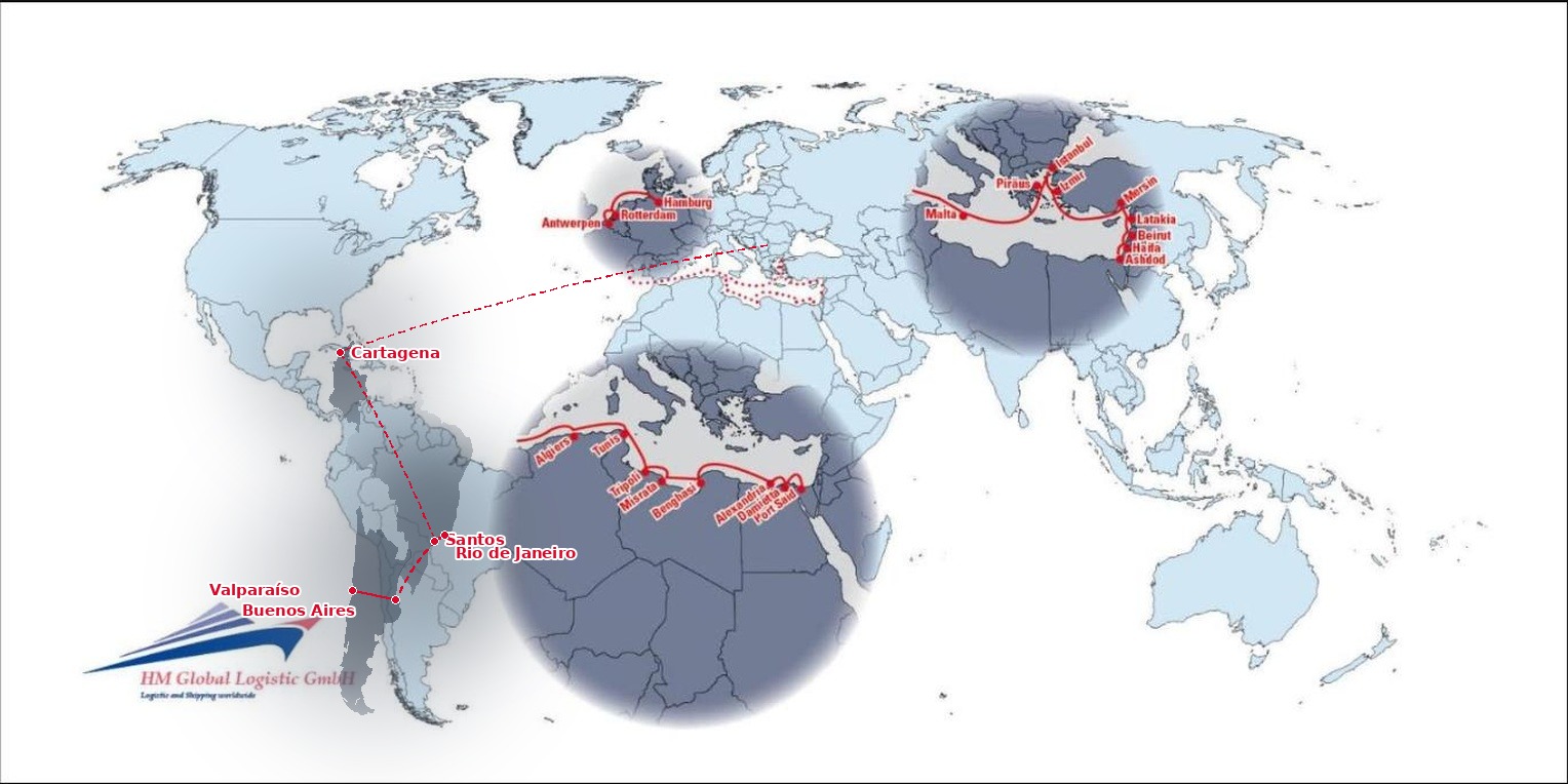 欧洲-南美海运航线地图